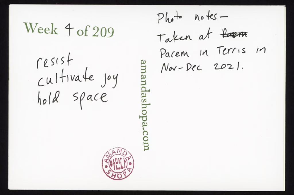 The back of this postcard reads: "resist; cultivate joy; hold space" Photo notes: Taken at Pacem in Terris in Nov–Dec 2021.