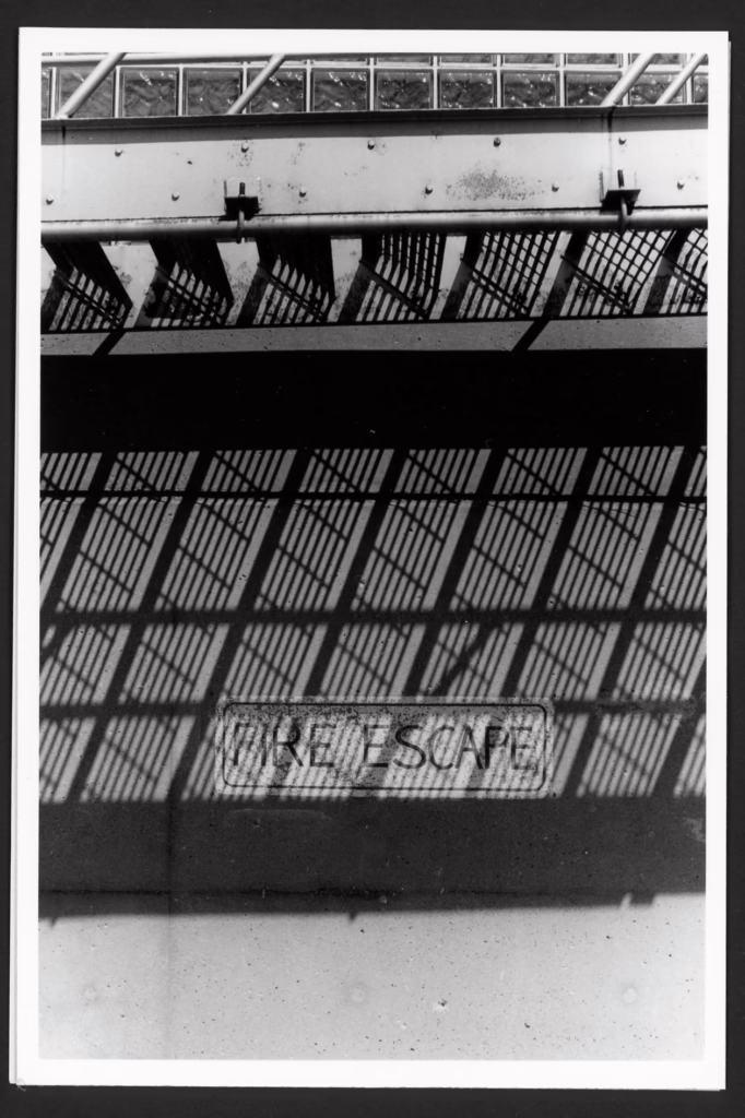 Black and white photo of a wall. A sign says FIRE ESCAPE, and some railing or stairs out of frame casts deep slanted shadows across the fire escape sign.