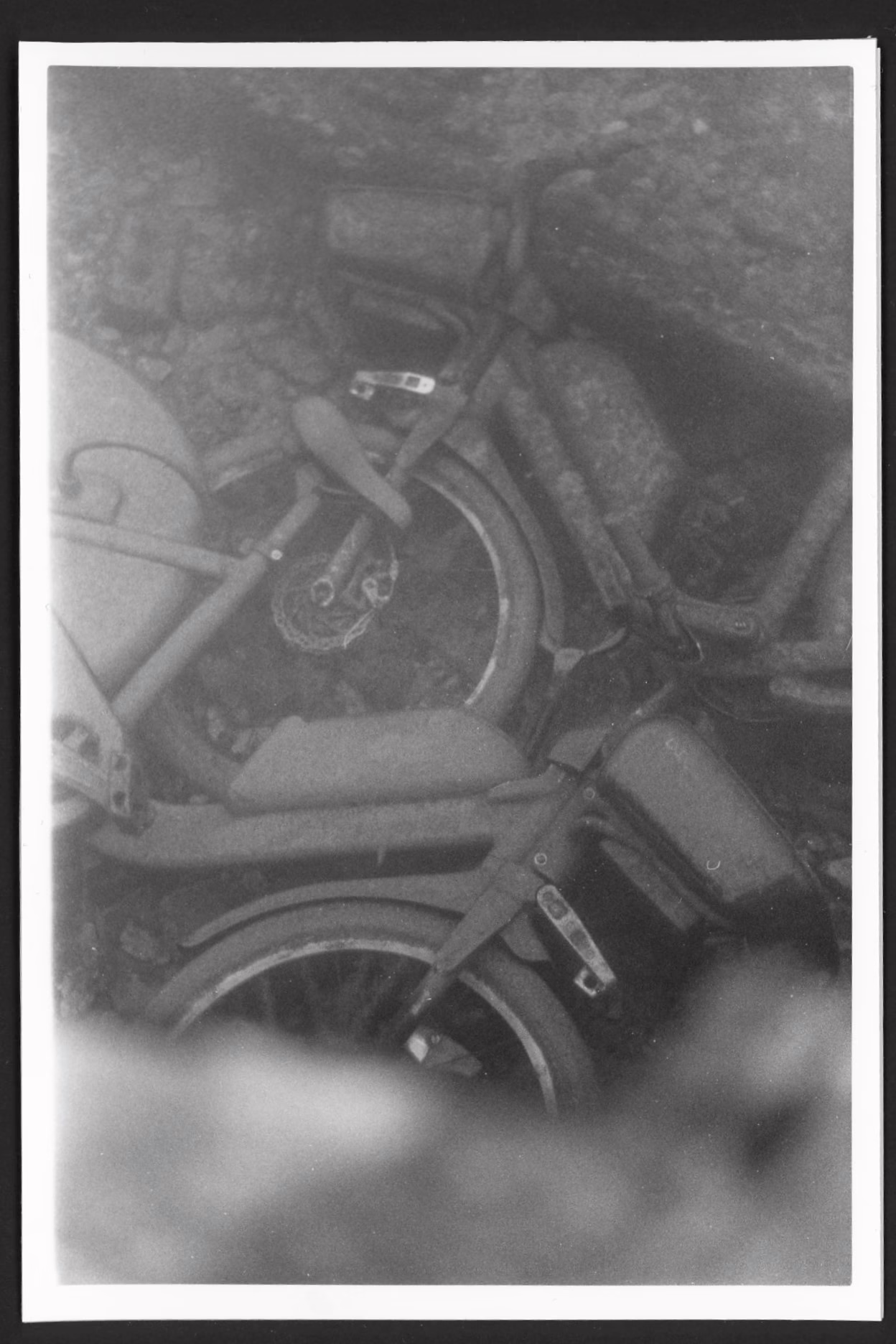 This black and white photo shows two short-term rental e-bikes submerged in water.