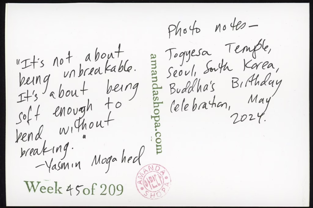 "It's not about being unbreakable. It's about being soft enough to bend without breaking." —Yasmin Mogahed. Photo notes: Jogyesa Temple, Seoul, South Korea, Buddha's Birthday Celebration, May 2024.