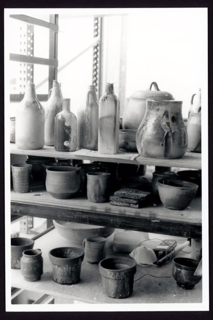 Various pots, vases, bowls, jugs, and cups are shown on plywood shelves while light streams in through a window on the left.