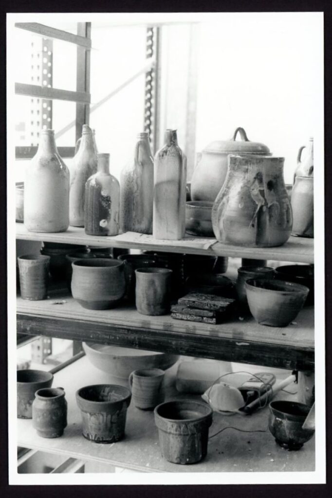 Various pots, vases, bowls, jugs, and cups are shown on plywood shelves while light streams in through a window on the left.