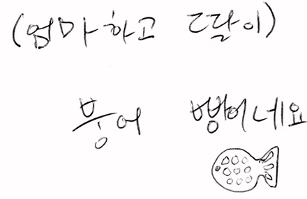 A Korean–English flashcard. It reads "(엄마하고 딸이) 붕어 빵이네요." There is a little drawing of a bean-stuffed fish-shaped pancake, a common Korean street food.