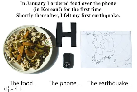 A plate of food is shown, then a small cell phone, then a map of South Korea. The letter H is seen in the corner.