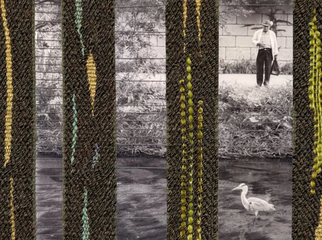 Grandfather and the Heron is a piece of woven textile art. Strips of photographic paper, which show a grandfather standing near a stream looking at a heron in the water, are woven with olive green yarn, strips of silk ribbon in greens and blues, velvet ribbon in two shades of green, and metallic gold embroidery floss.