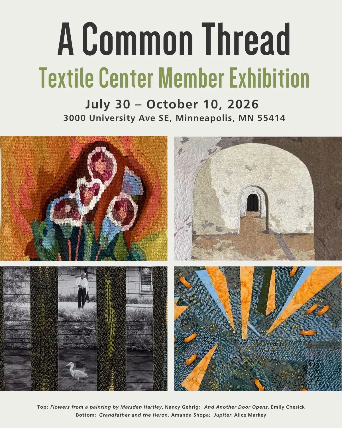 A poster for the Textile Center's 2026 member show. The poster shows artwork from Nancy Gehrig, Emily Chesick, Amanda Shopa, and Alice Markey